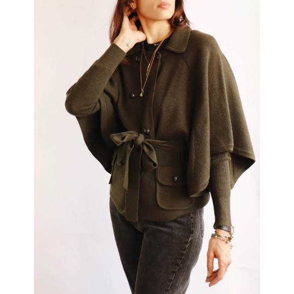 Diane von Furstenberg 100% Wool Poncho Cape Knit Cardigan Green Women's Size S - Picture 1 of 5